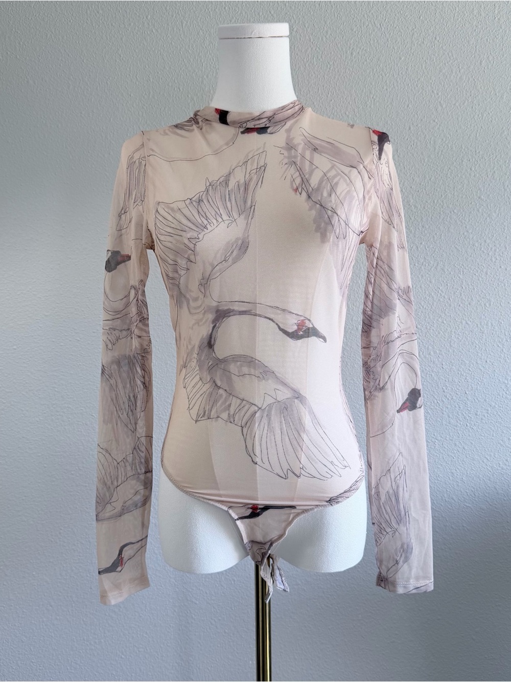Fashion Nova Sheer Mesh Bodysuit‎ Sz M Crane Bird Print Long Sleeve Nude Top